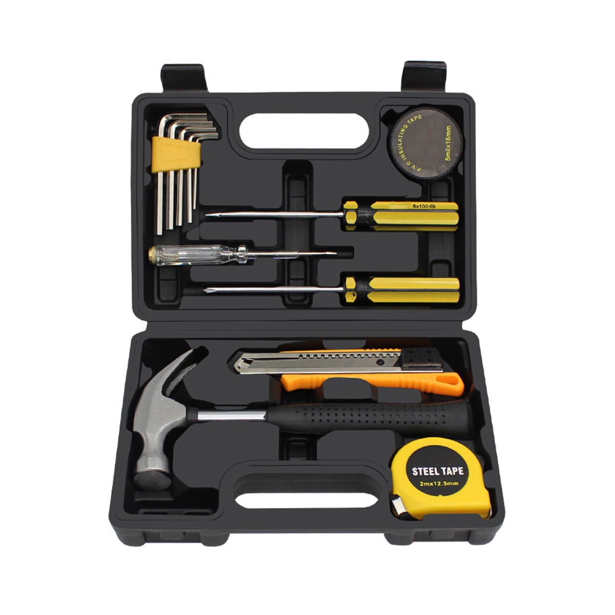 12 pièces petit ensemble d'outils de propriétaire Kit d'outils à main de ménage général avec boîte à outils en plastique mallette de rangement